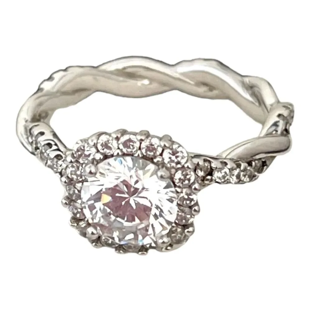 New Sterling Silver Ring 925 CZ Halo Twist Band Engagement Size 7 - 1E